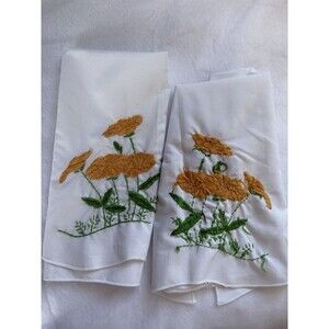 Hand Embroidered Dinner Napkins Set Of Two Vintage Floral White Yellow